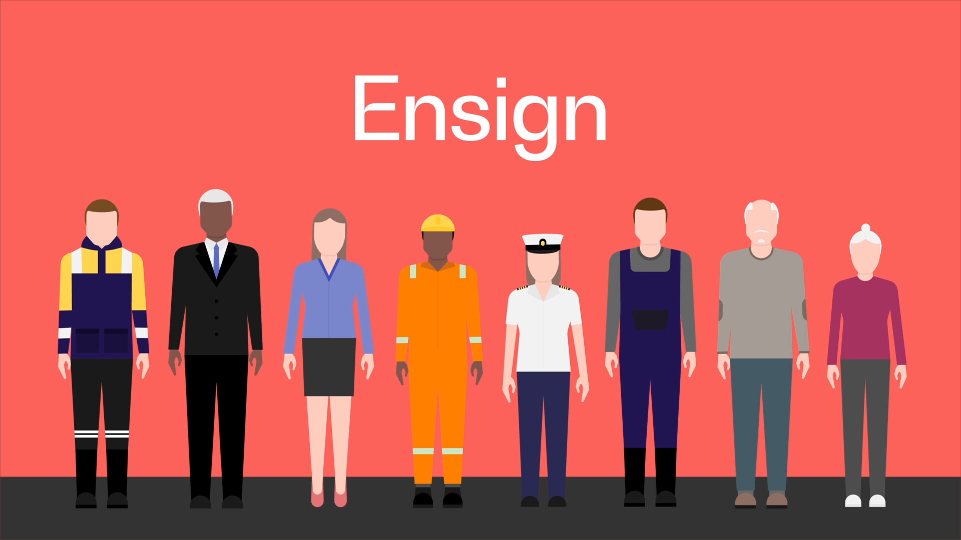 Ensign - Illustration of multiple people in various job roles on a red background